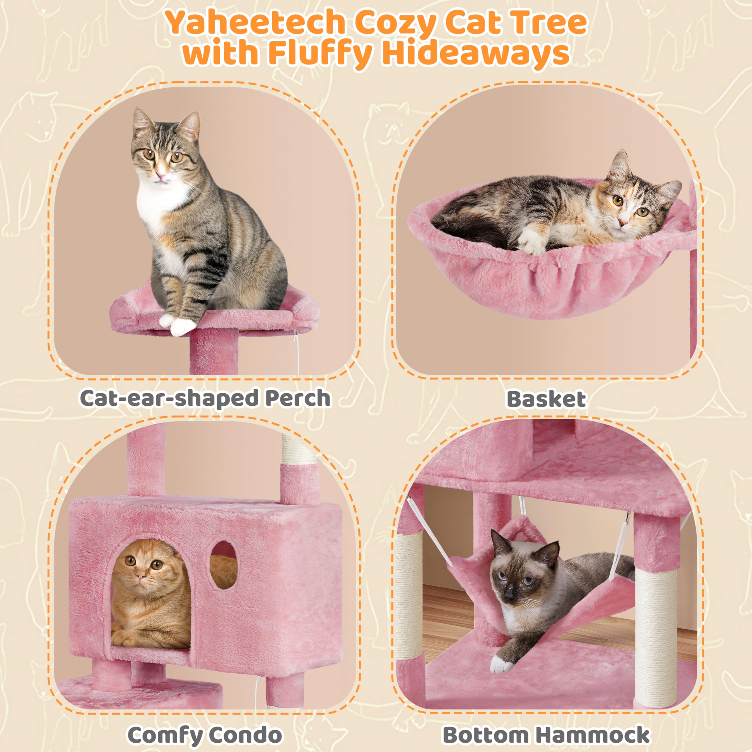 Yaheetech Multi-Level Cat Tree, Large Cat Tower With Condos Platform, Cat House Cat Tree For Medium Cats Pink, 64.5In